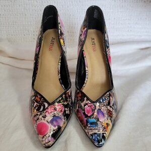 Just Fab Floral Size 8 Pumps Shoes Heels Keelee jewelry rhinestone pattern EUC